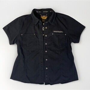 Harley Davidson Women’s Shirt Denim Short Sleeve Button Up Embroidered Black L